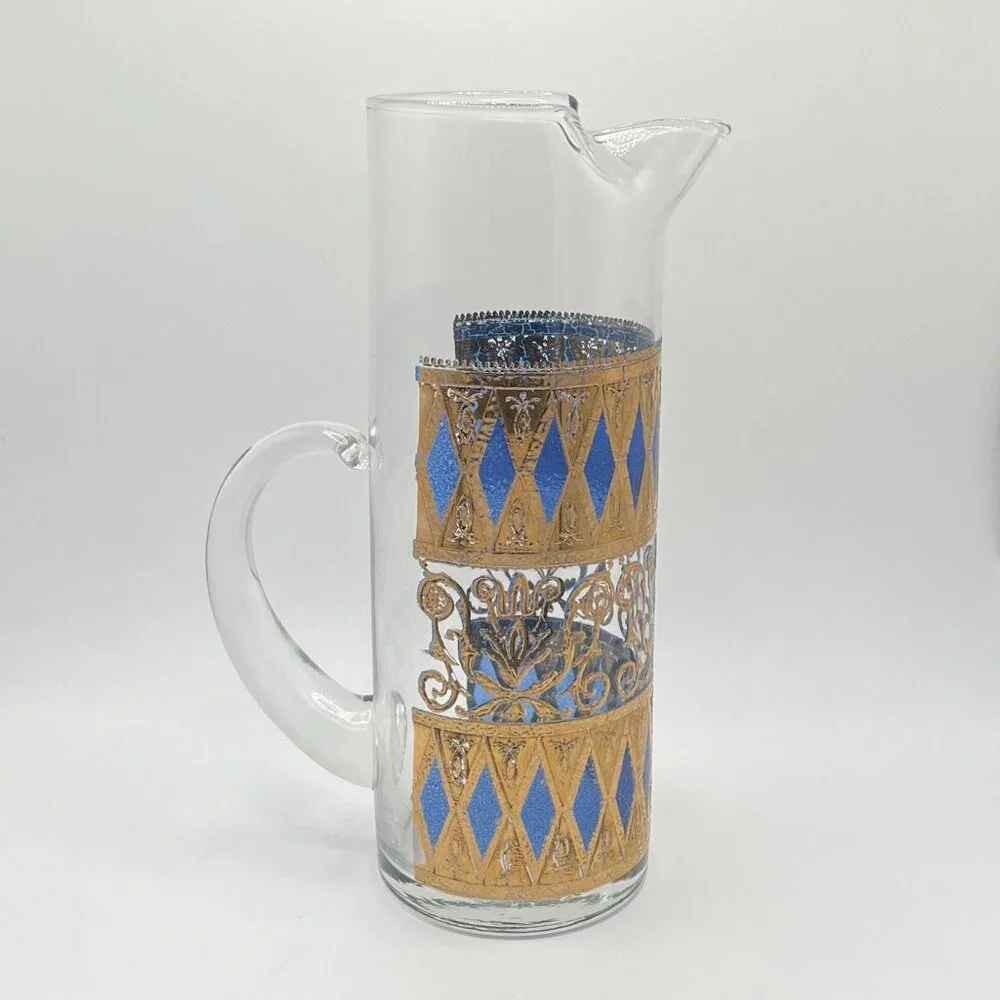 Vintage MCM West Virginia Glass Rainer 22K Gold & Blue Martini Pitcher Rare